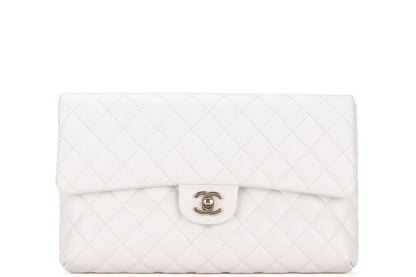CHANEL FLAP CLUTH (2851xxxx) OFF WHITE QUILTED CAVIAR LEATHER WITH GOLD CHAIN, WITH , DUST COVER & BOX