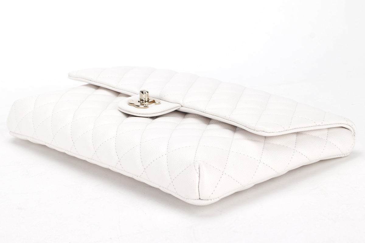 CHANEL FLAP CLUTH (2851xxxx) OFF WHITE QUILTED CAVIAR LEATHER WITH GOLD CHAIN, WITH , DUST COVER & BOX