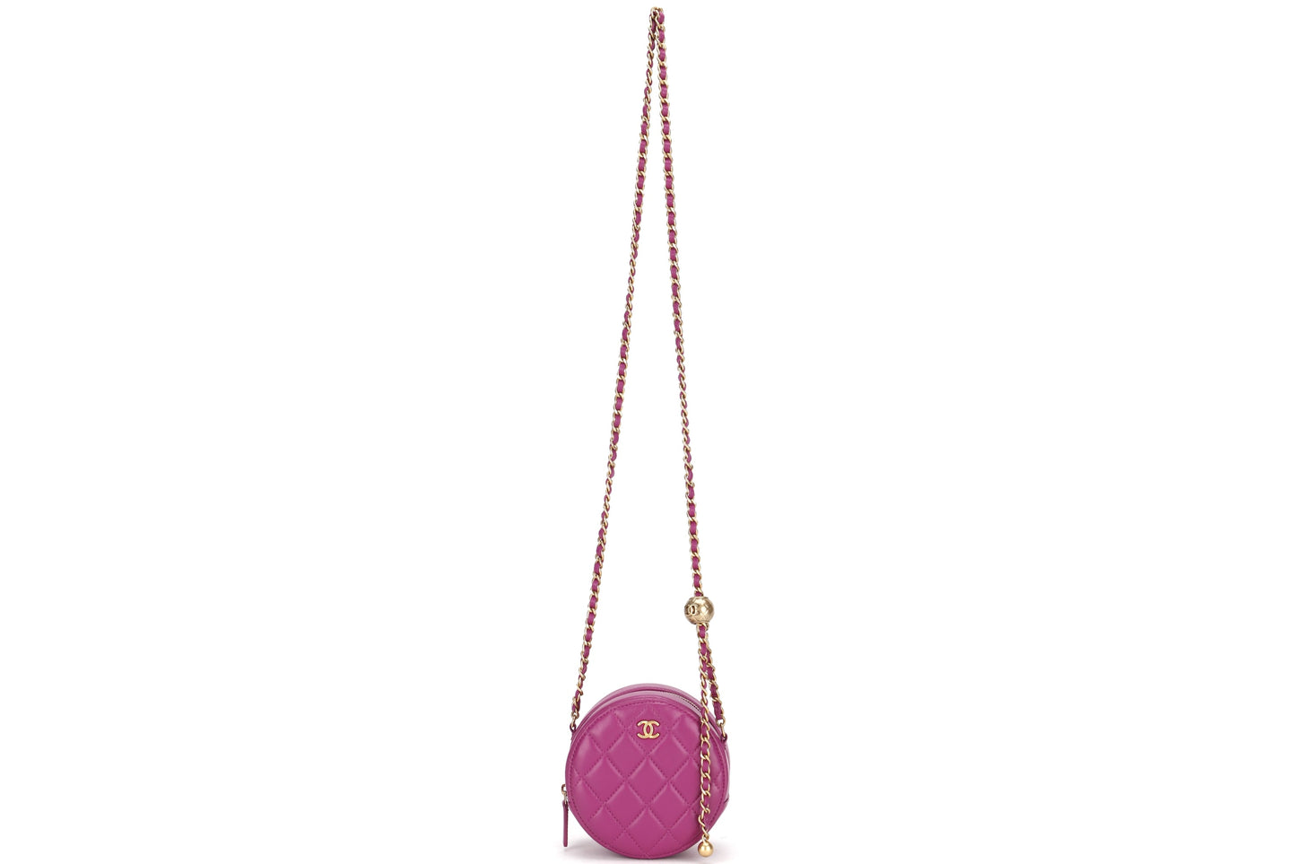 CHANEL PEARL CRUSH ROUND CLUTCH WITH CHAIN (3086xxxx) PURPLE LAMBSKIN GOLD HARDWARE, WITH , DUST COVER & BOX