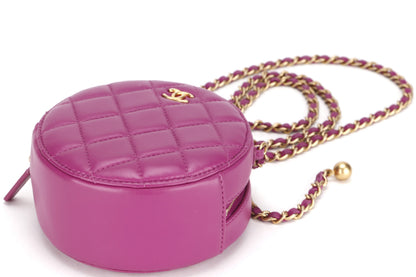 CHANEL PEARL CRUSH ROUND CLUTCH WITH CHAIN (3086xxxx) PURPLE LAMBSKIN GOLD HARDWARE, WITH , DUST COVER & BOX