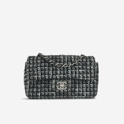 Chanel - Classic Flap Bag - Mini Rectangular - Mixed Black / Light Blue Tweed SHW -