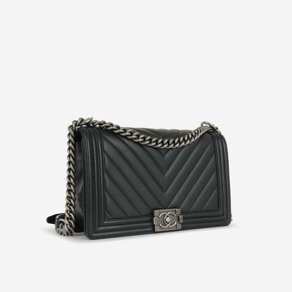 Chanel - New Medium Boy Bag - Black Chevron Caviar RHW - 2017 -