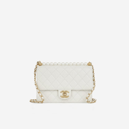 Chanel - Vertical Pearl Flap Bag - White Calfskin AGHW - - 2019