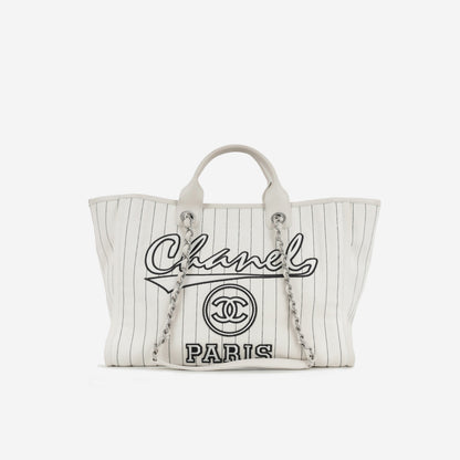 Chanel Large Deauville - White Canvas / Black Stripes | Silver Hardware