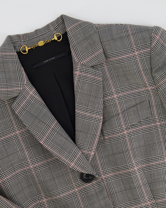 Gucci Grey Wool Checked Blazer Jacket with Logo Buttons Size IT 38 (UK 6)