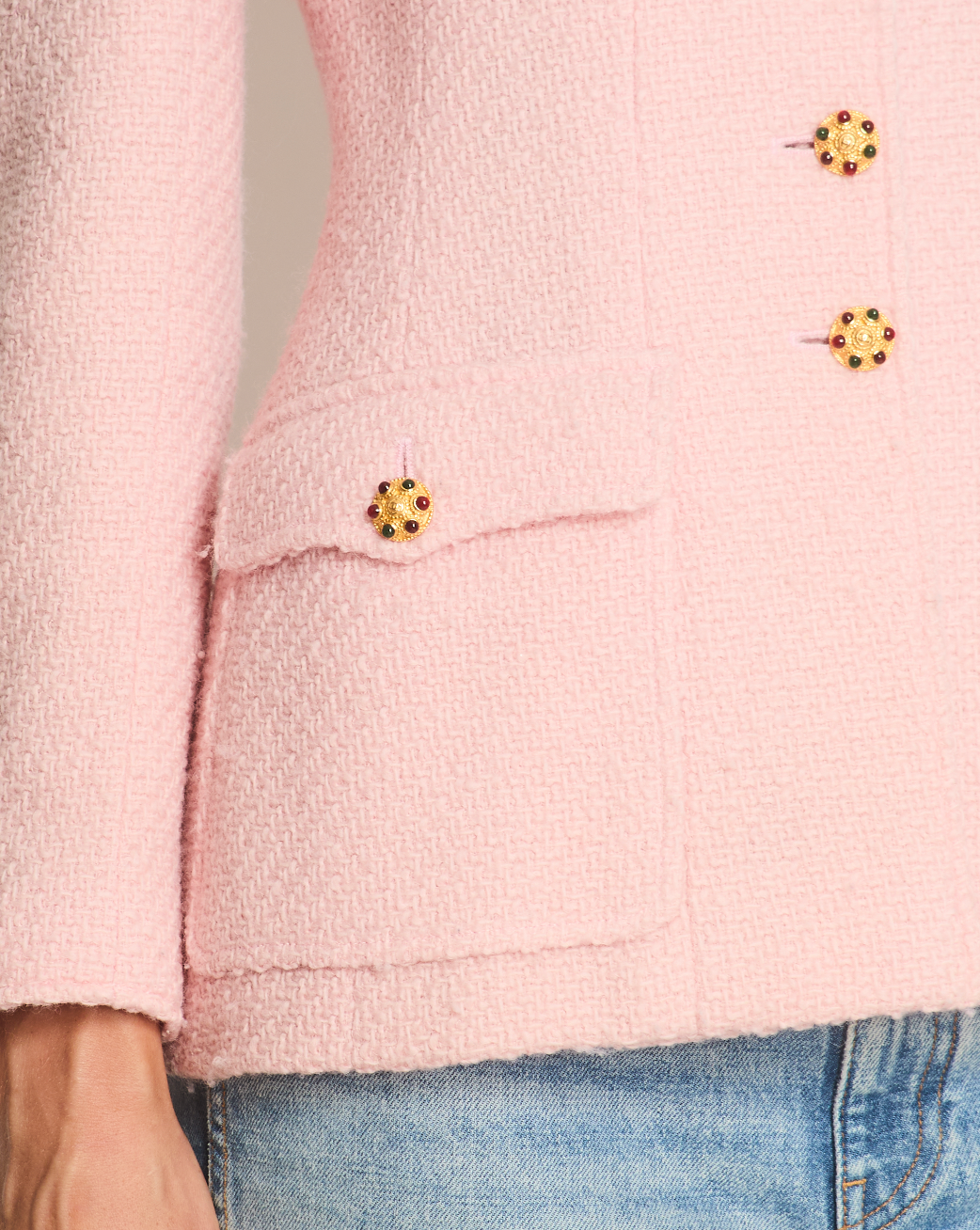 Chanel 96/A Vintage Pastel Pink Tweed Jacket with Gold Gripoix Buttons and Pocket Details FR 38 (UK 10)