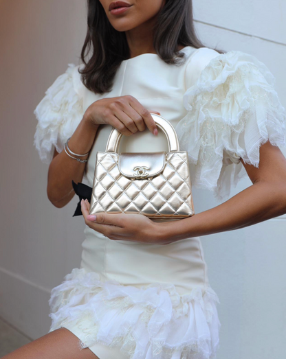 *HOT* Chanel Gold Small Mini Kelly Shopping Bag in Shiny Metallic Calfskin Leather with Metallic Gold Hardware