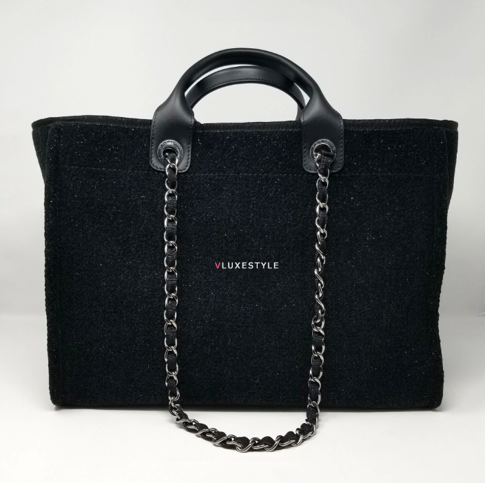 Chanel Deauville Fabric Tote Black With Grey, Black And White Stripes