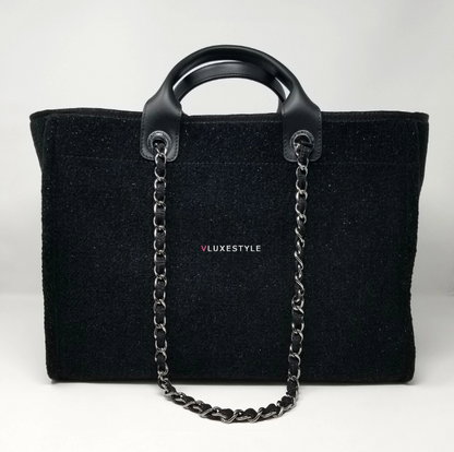 Chanel Deauville Fabric Tote Black With Grey, Black And White Stripes