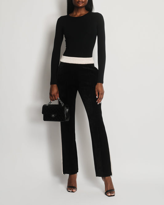 Chanel Black Velvet & Cream Satin Tracksuit Trousers with Elasticated Waist, Logo & Zips Detail Size FR 38 (UK 10)