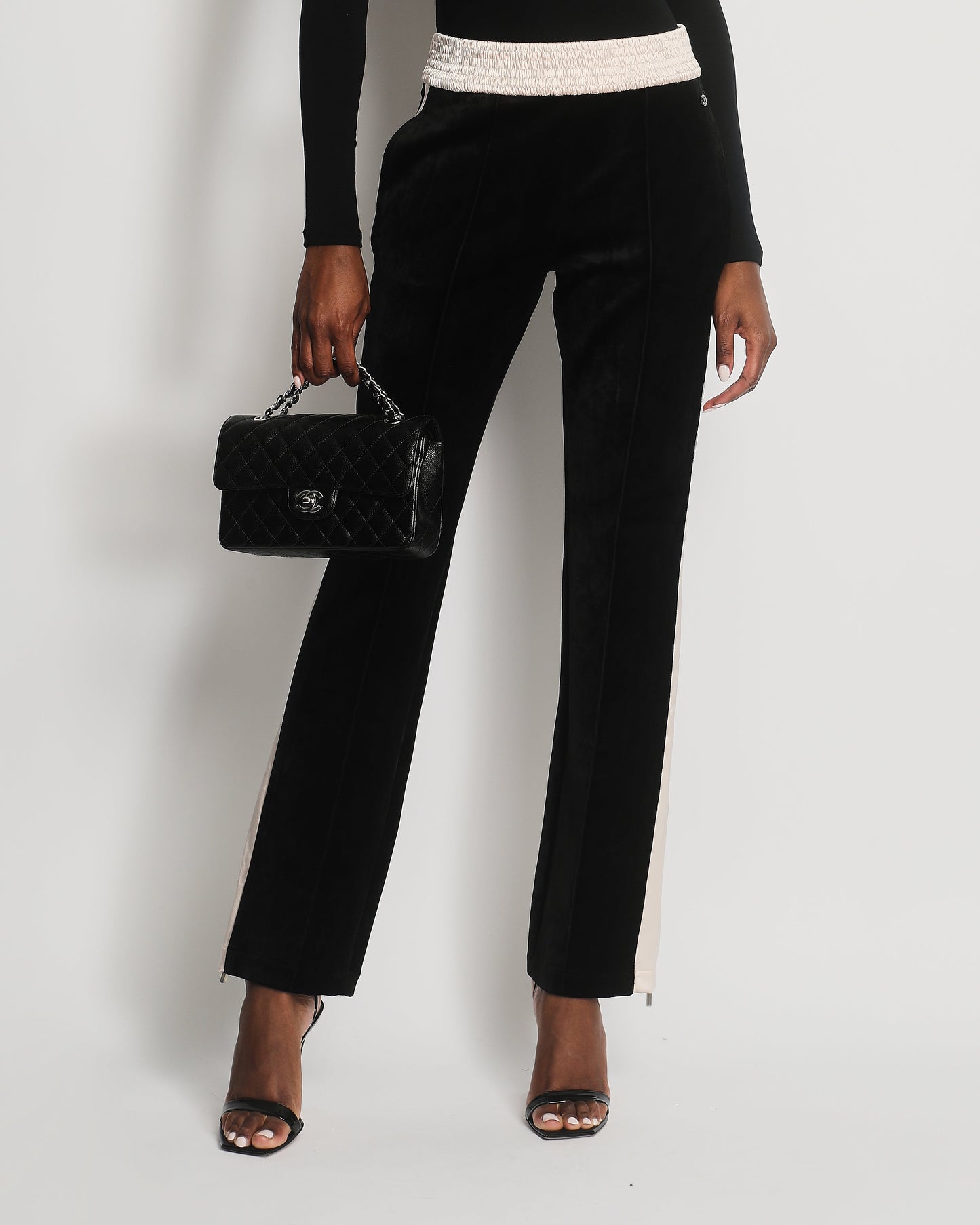 Chanel Black Velvet & Cream Satin Tracksuit Trousers with Elasticated Waist, Logo & Zips Detail Size FR 38 (UK 10)