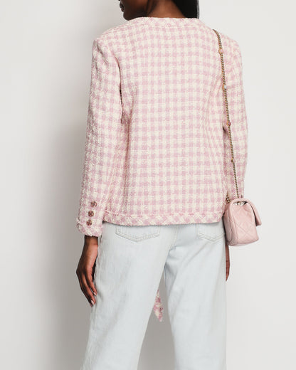 Chanel Cream and Pink Houndstooth Tweed Jacket with Tie Waist Size FR 40 (UK 12)