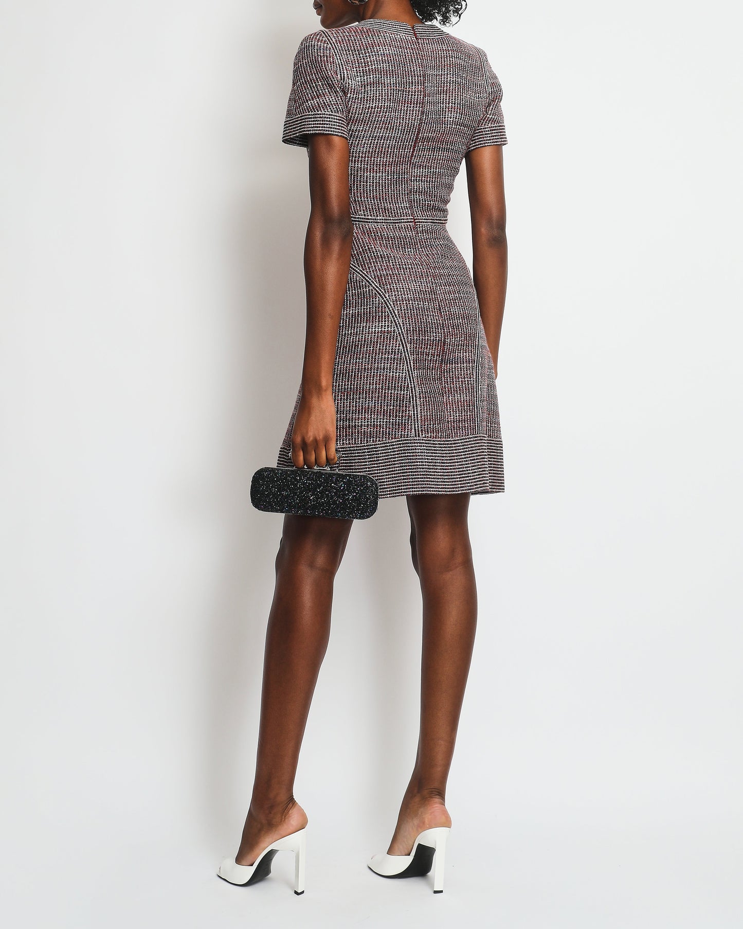 Chanel Red, Navy Metallic Short Sleeve Tweed A-Line A/W 2014 Dress Size FR 34 (UK 6)
