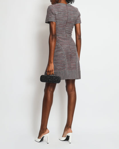 Chanel Red, Navy Metallic Short Sleeve Tweed A-Line A/W 2014 Dress Size FR 34 (UK 6)