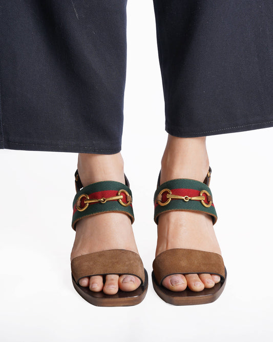 Gucci  Brown Suede Web Horsebit Slingback Block Heel Sandals