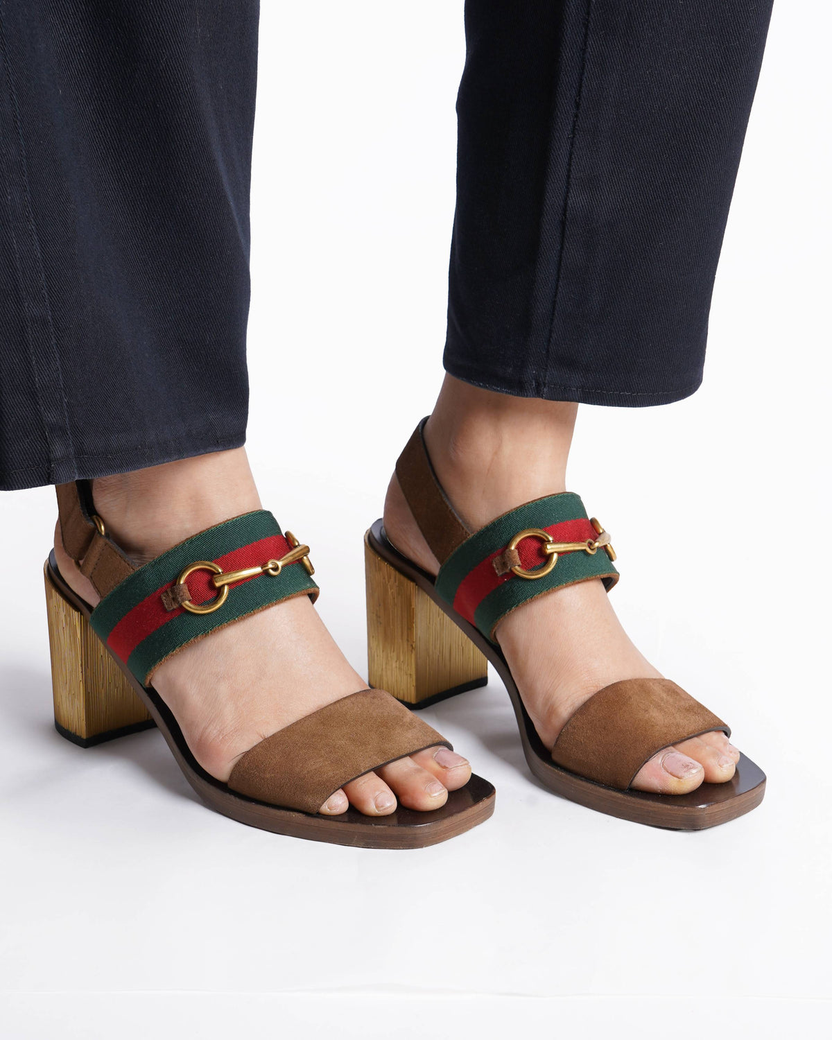Gucci  Brown Suede Web Horsebit Slingback Block Heel Sandals