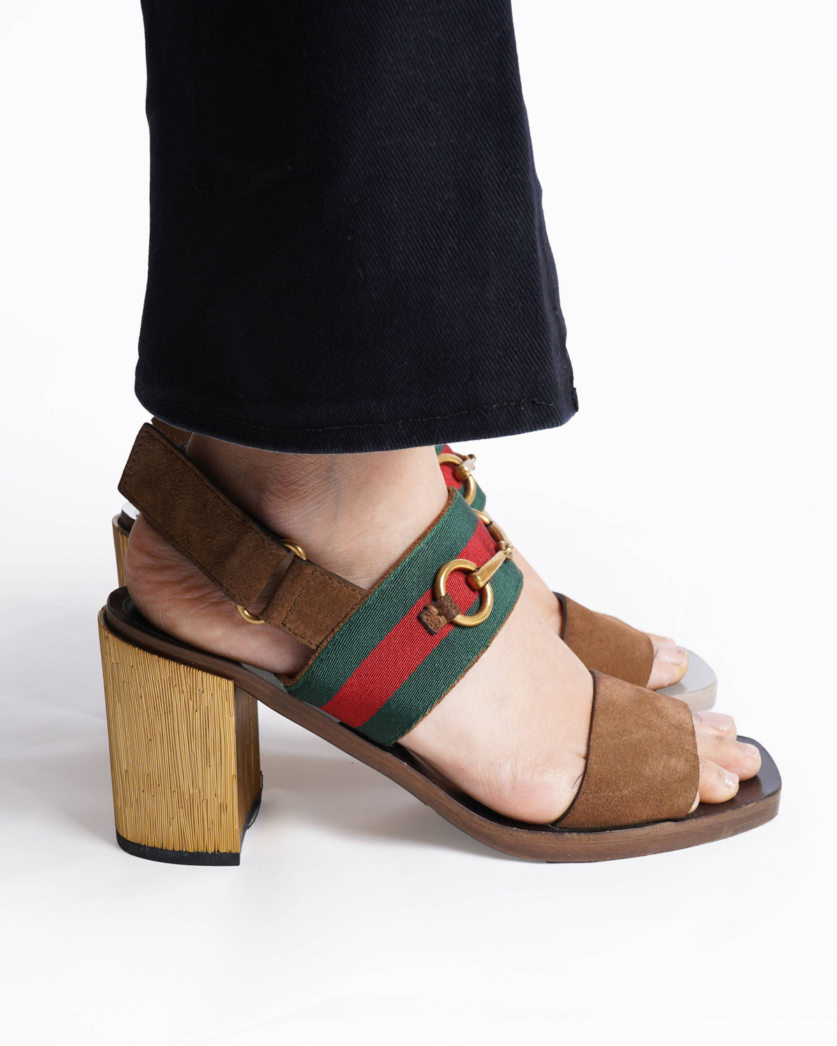 Gucci  Brown Suede Web Horsebit Slingback Block Heel Sandals
