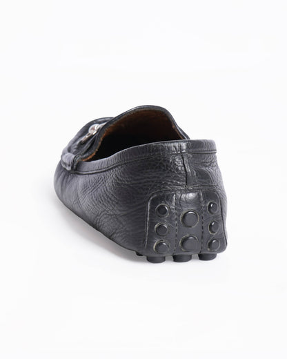 Gucci Men's Drivers Loafers In Black WIth Metal Detailing On Toe Box