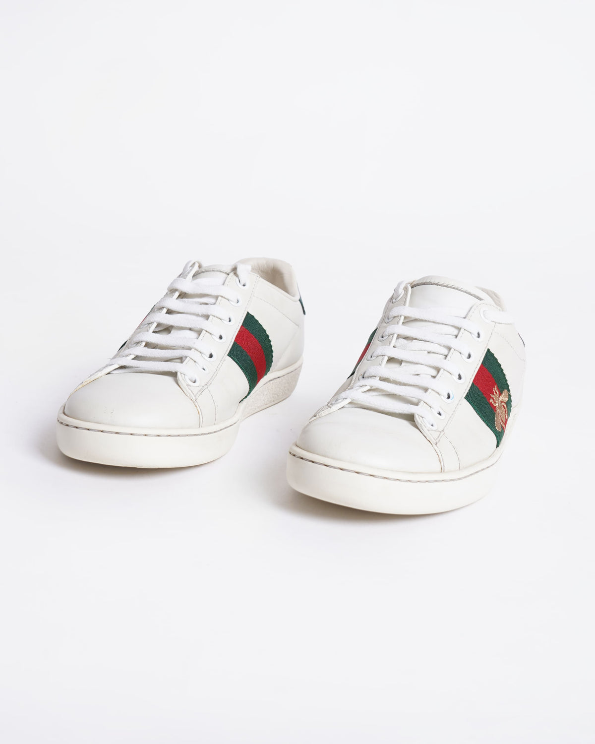 Gucci Ace White Leather Sneakers With Signature Canvas Stripes Women's