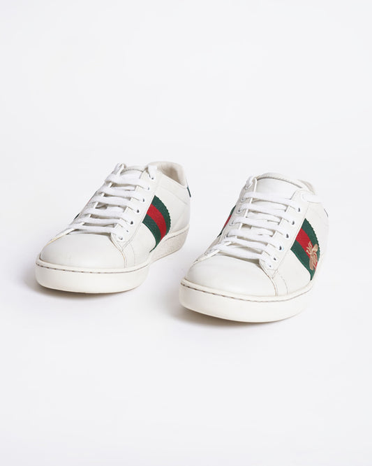 Gucci Ace White Leather Sneakers With Signature Canvas Stripes Women's
