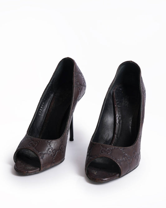 Gucci Dark Brown Guccissima Leather Peep Toe Pumps Size