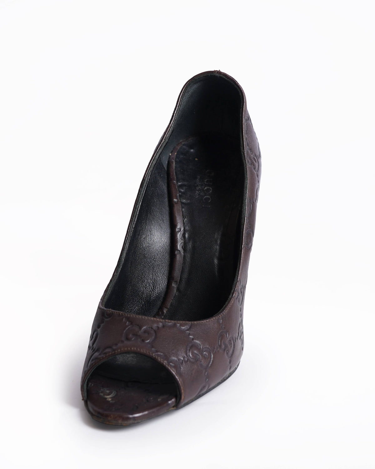 Gucci Dark Brown Guccissima Leather Peep Toe Pumps Size