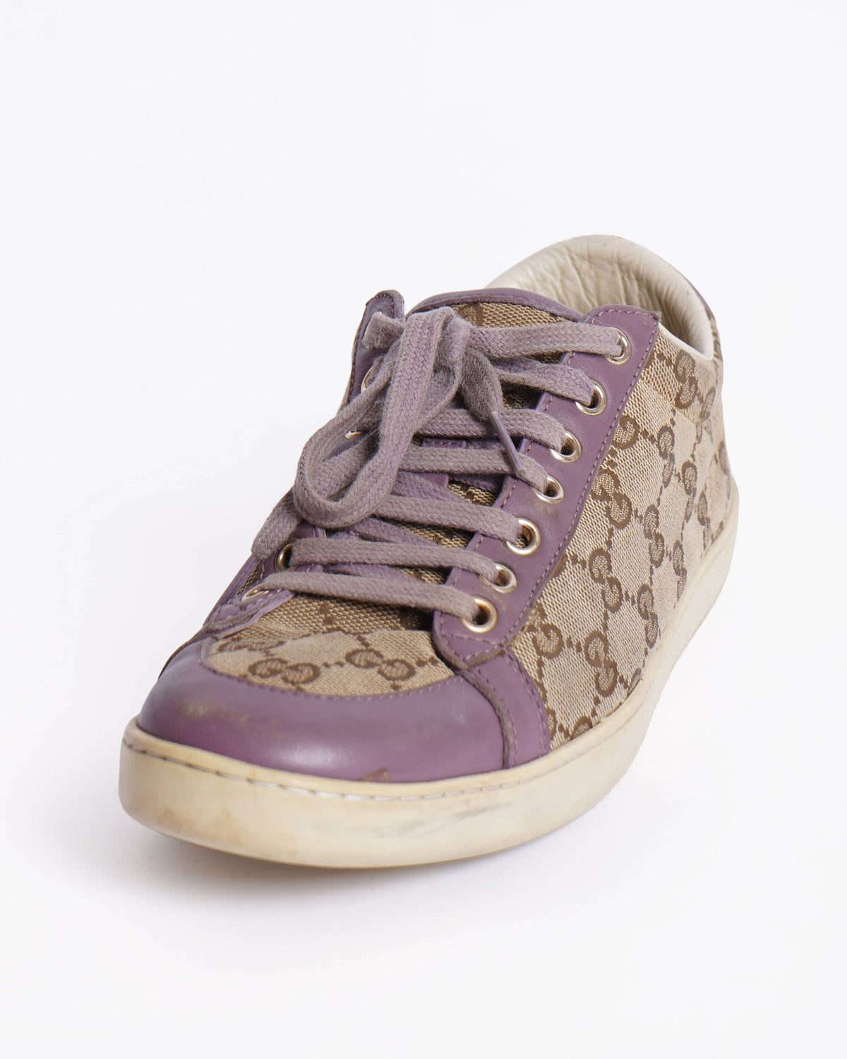 Gucci Purple/Beige Leather And Guccissima  Canvas Low Top Sneakers