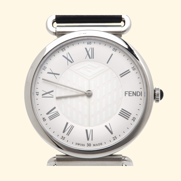 Fendi Silver Stainless Steel Leather Palazzo Men's Wristwatch 41 mm