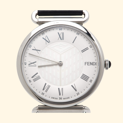 Fendi Silver Stainless Steel Leather Palazzo Men's Wristwatch 41 mm