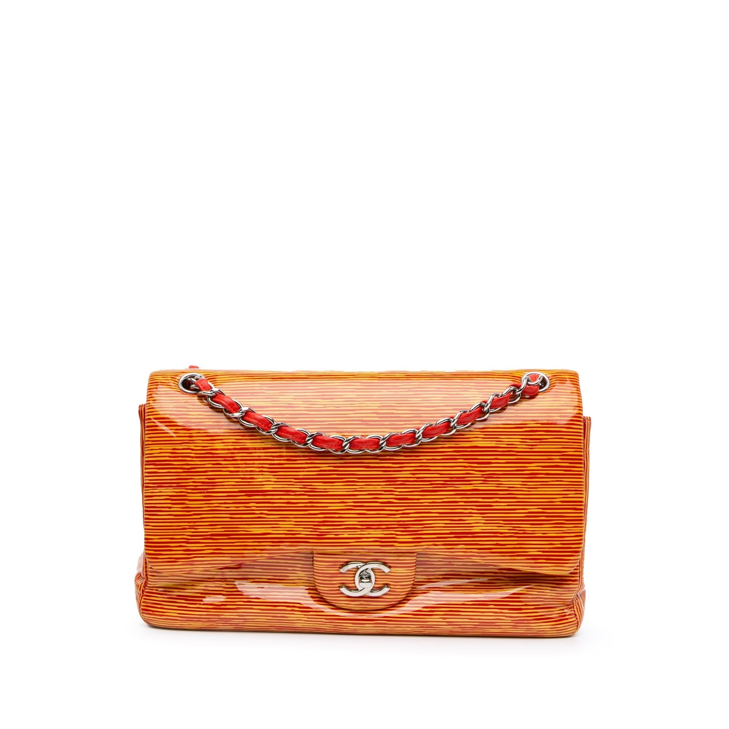 Orange Chanel Jumbo Classic Patent Stiped Double Flap Shoulder Bag