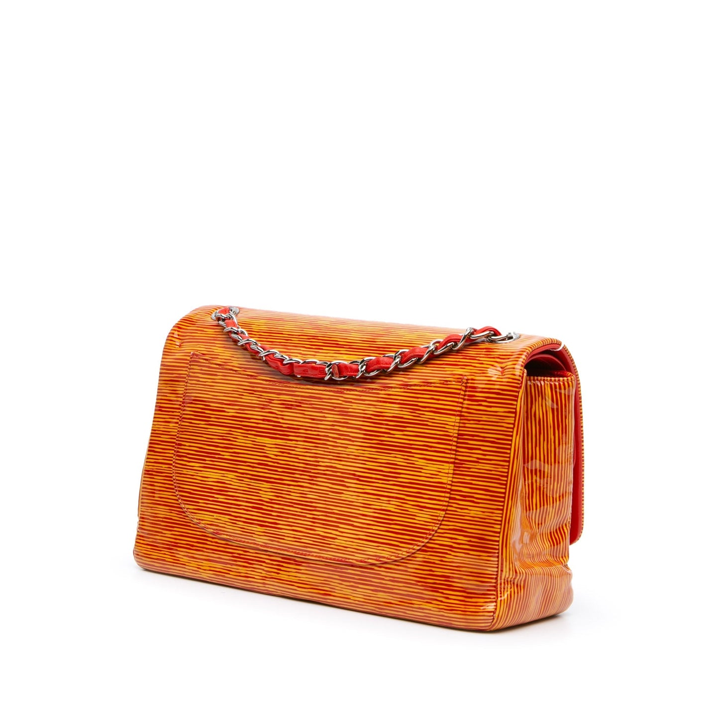 Orange Chanel Jumbo Classic Patent Stiped Double Flap Shoulder Bag