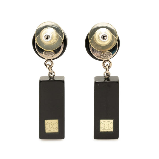 Black Chanel Resin CC Bar Drop Earrings