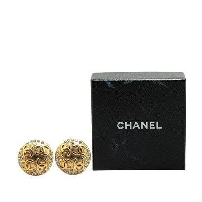 Gold Chanel Gold Plated Rhinestone CC Clip On Earrings