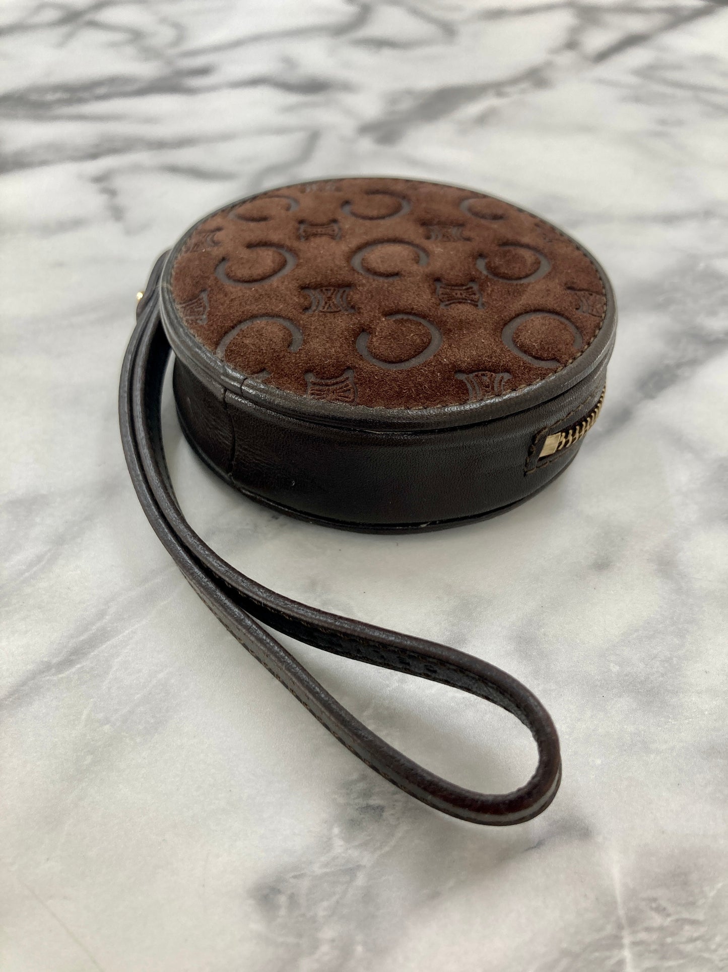 CELINE C- Suede Leather Round Coin Purse Brown Vintage 6z2vft