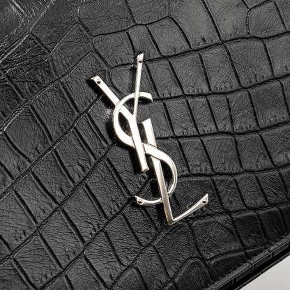 SAINT LAURENT / YSL Classic Chain Wallet Croc-Embossed Calfskin Black SHW