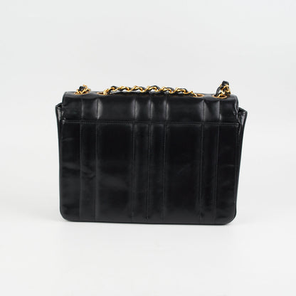 Chanel Vintage Vertical Half Flap Black Shiny Leather