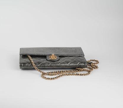 Chanel Zip Away Chain Cluth Wallet on Chain WOC Metallic Grey