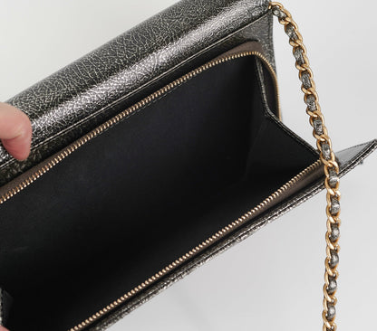 Chanel Zip Away Chain Cluth Wallet on Chain WOC Metallic Grey