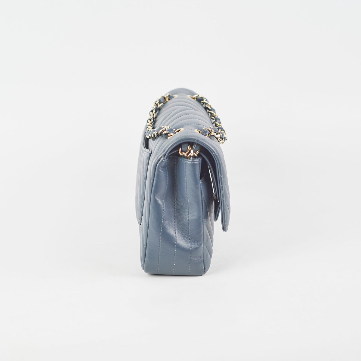 Chanel Chevron M/L Lambskin Classic Flap Dark Grey/Blue