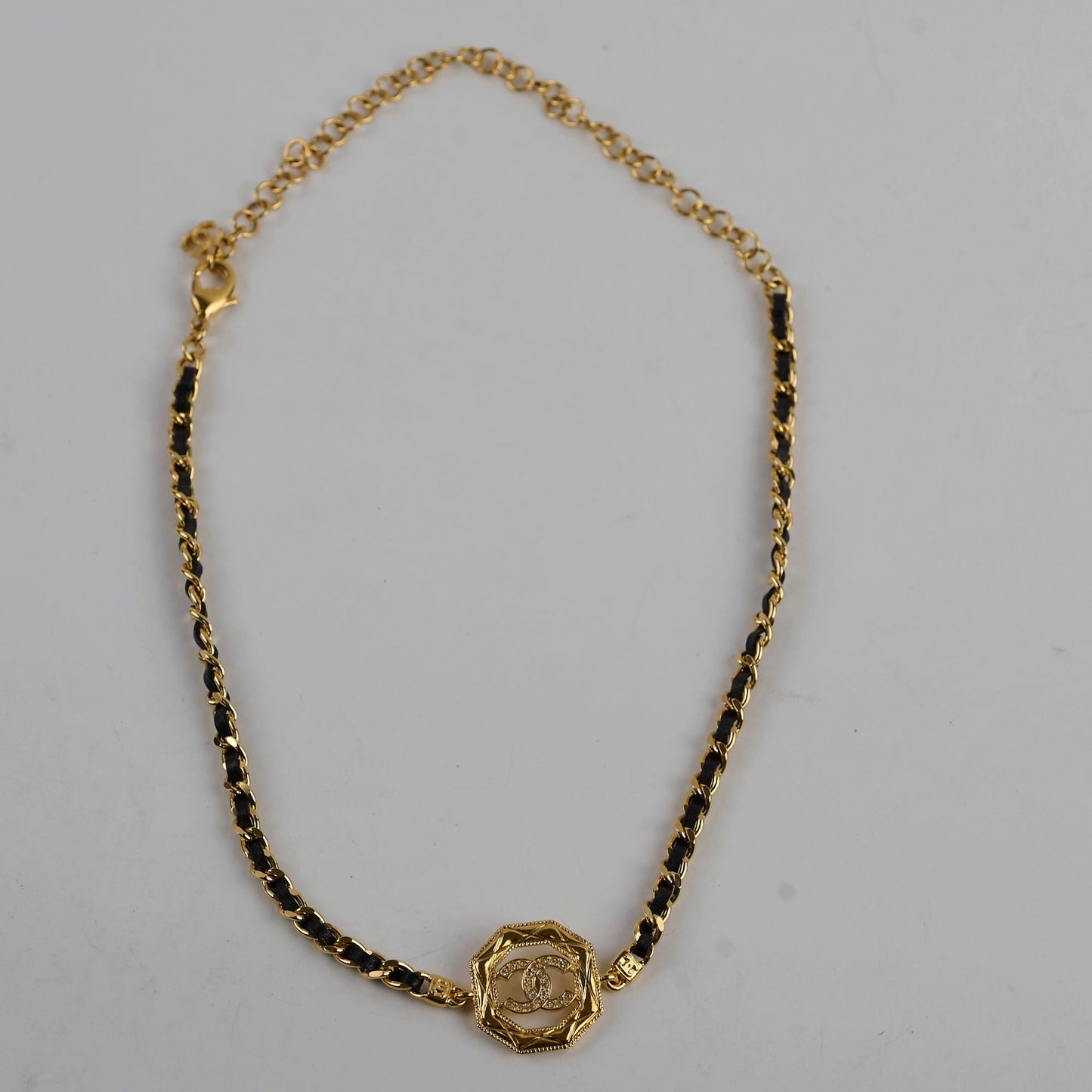 Chanel Gold & Black Leather Chain Choker Costume Jewellery