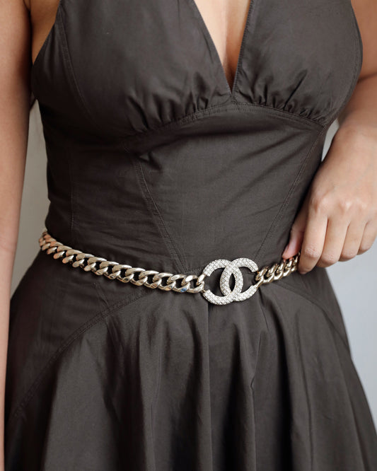 Chanel CC Gold Plated Curb Chain Necklace with CC Crystal Logo Detail