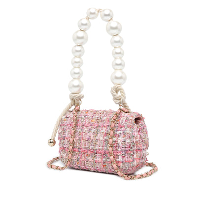 Pink Chanel Mini Tweed Pearl Top Handle Flap Satchel