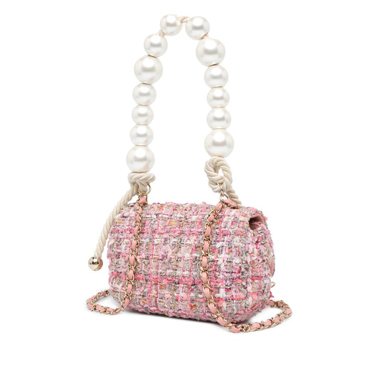 Pink Chanel Mini Tweed Pearl Top Handle Flap Satchel