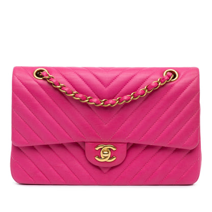 Pink Chanel Medium Classic Chevron Lambskin Double Flap Shoulder Bag