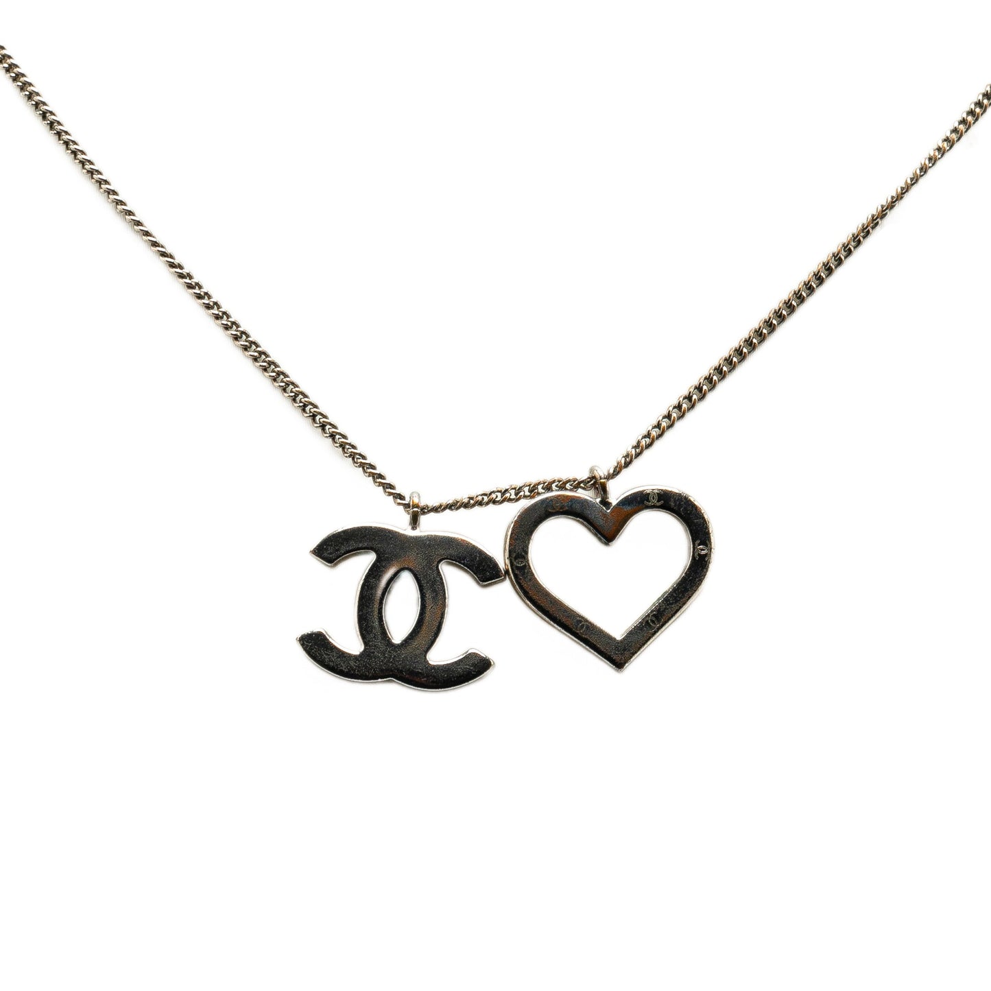 Silver Chanel Brass CC Open Heart Pendant Necklace