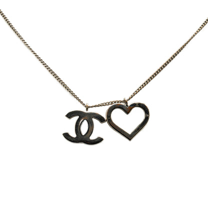 Silver Chanel Brass CC Open Heart Pendant Necklace