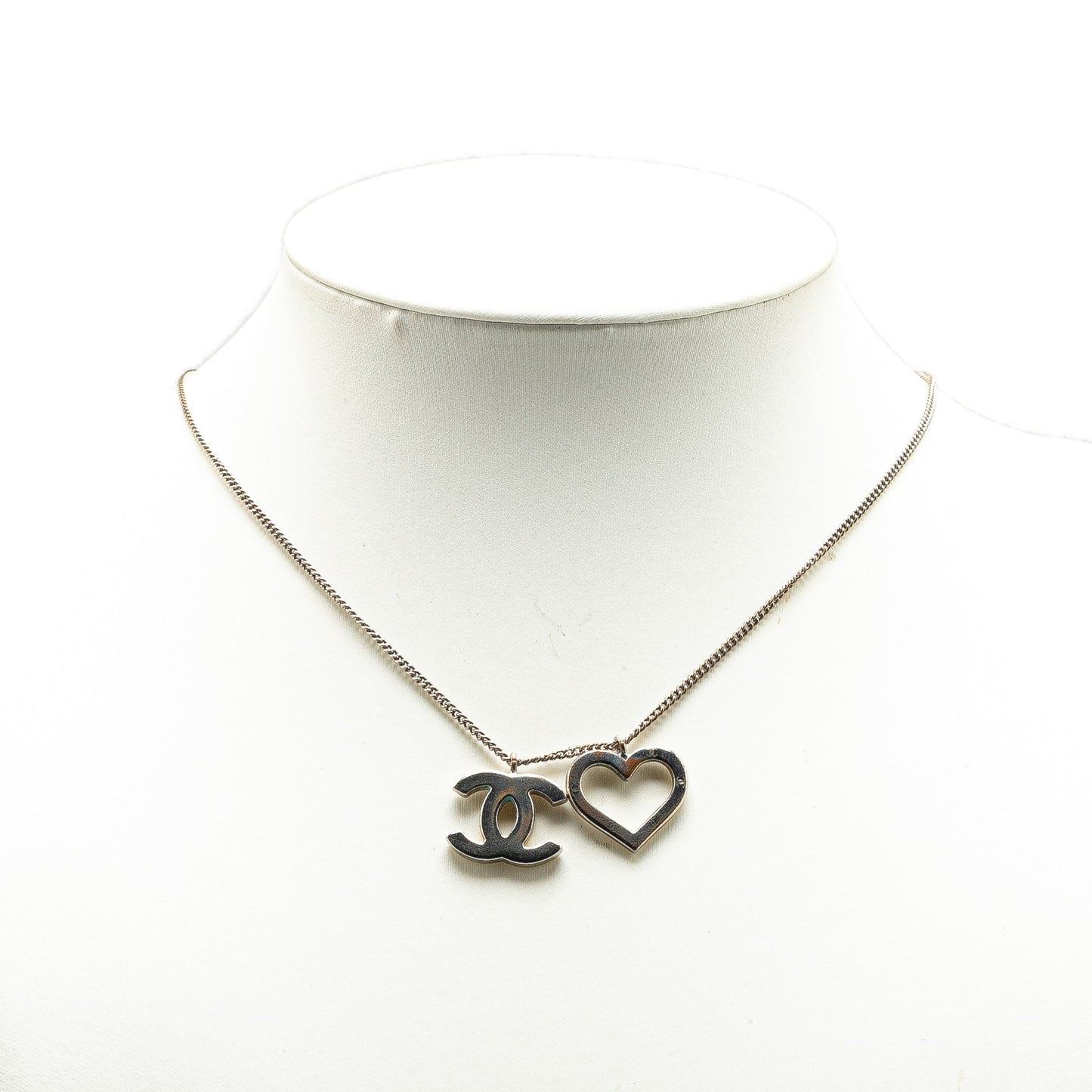 Silver Chanel Brass CC Open Heart Pendant Necklace