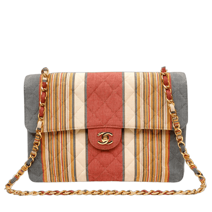 Chanel Striped Pique Cloth Maxi Classic w/ Gold Hardware