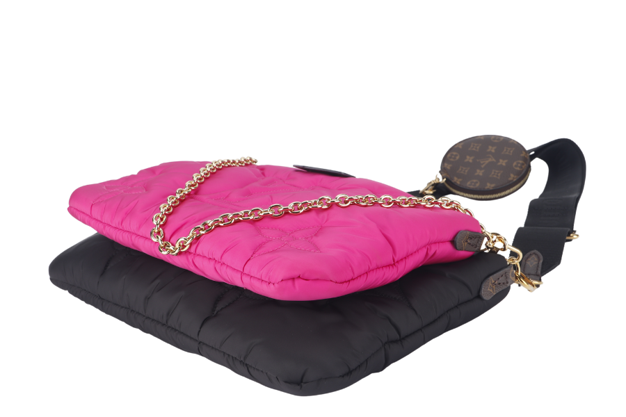 LOUIS VUITTON MAXI MULTI POCHETTE (M58980) BLACK AND FUCHSIA NYLON PILLOW MONOGRAM WITH GOLD CHAIN , STRAP WITH DUST COVER