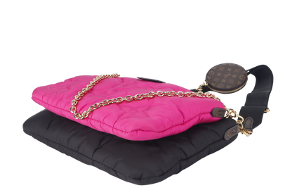 LOUIS VUITTON MAXI MULTI POCHETTE (M58980) BLACK AND FUCHSIA NYLON PILLOW MONOGRAM WITH GOLD CHAIN , STRAP WITH DUST COVER
